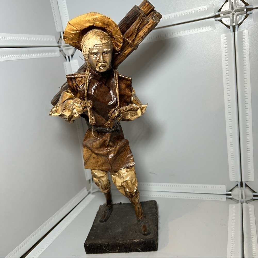 Vintage Mexican Folk Art Paper Mache Figurines Old Man Carrying Wood Logs 13”
